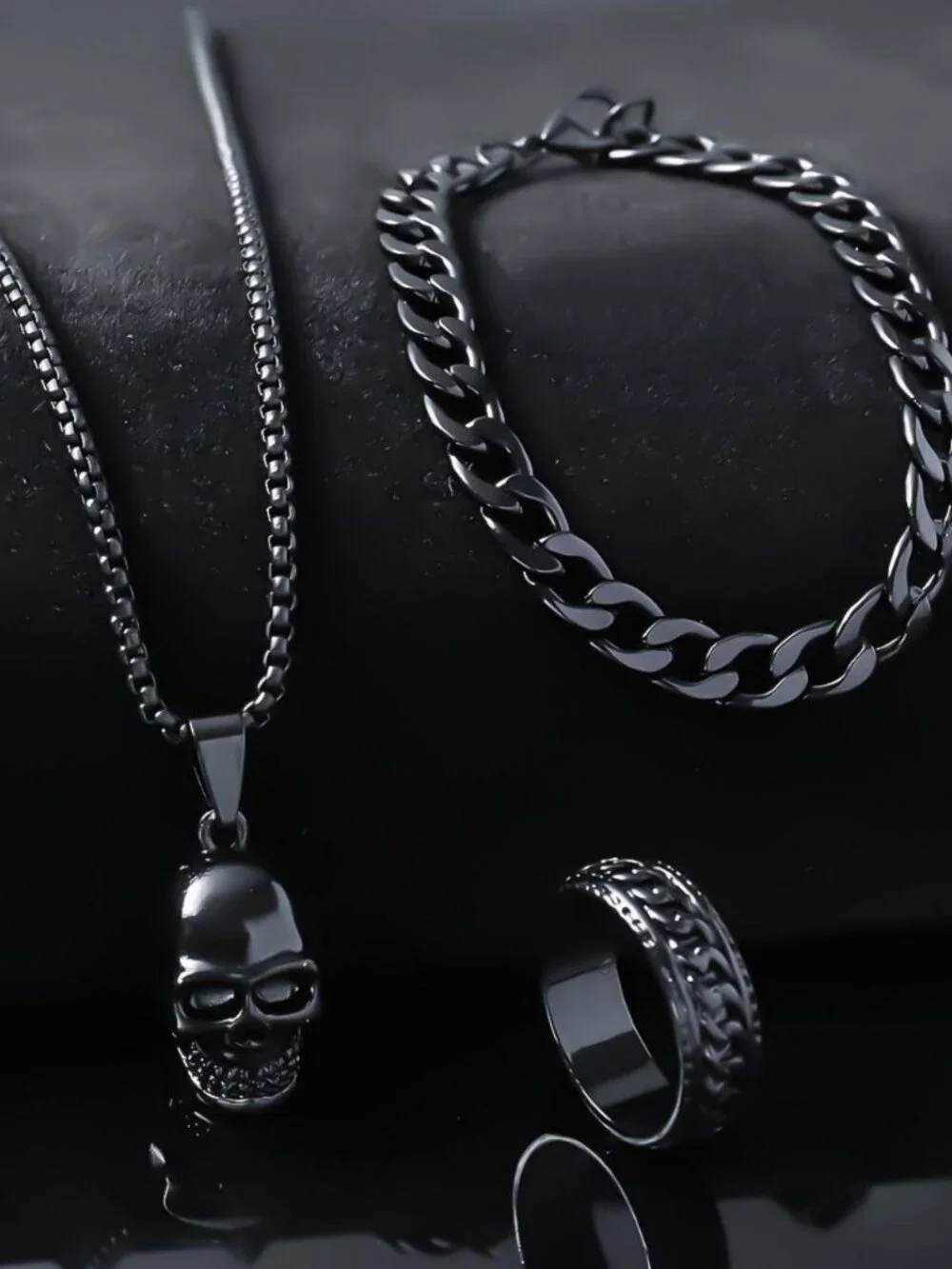Mens black skull jewelry 3pcs set ring bracelet necklace